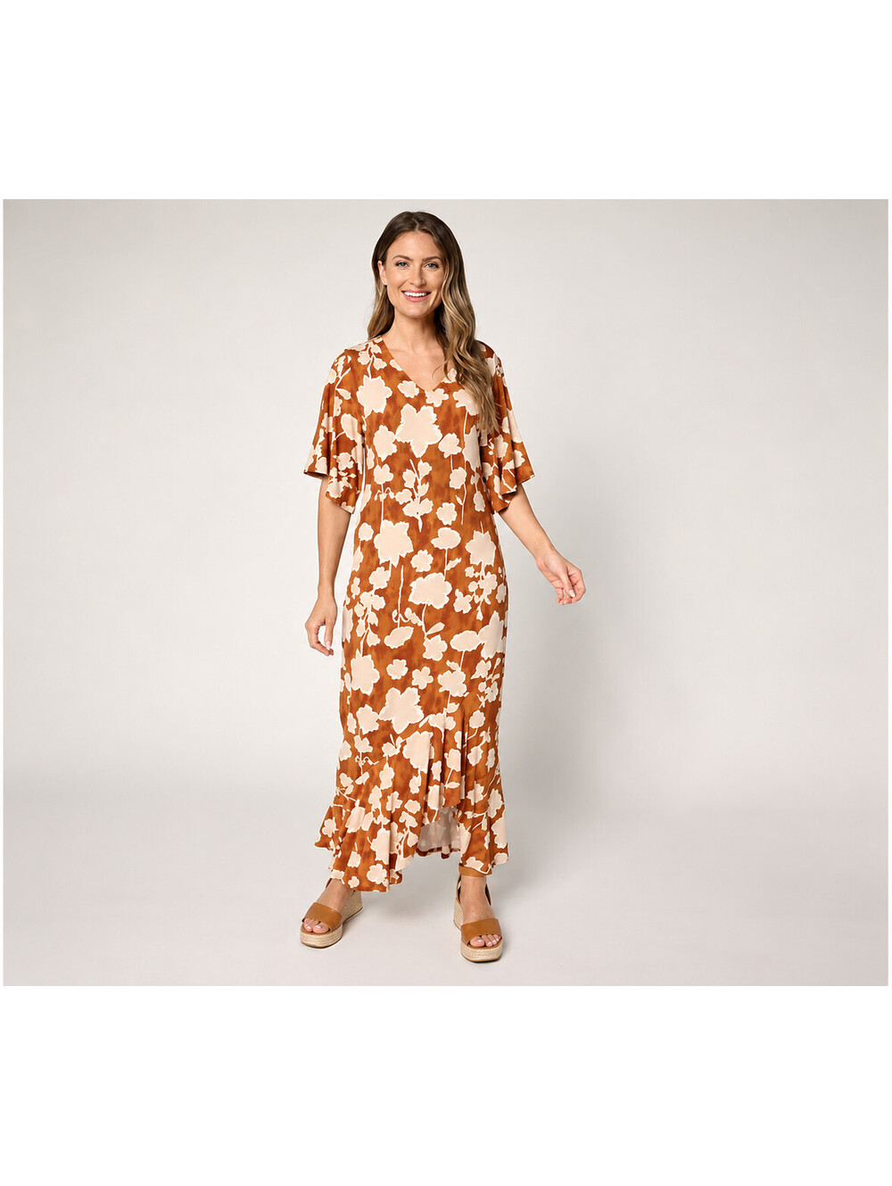 Peace Love World Boheme Regular Knit Flutter Sleeve V-Neck Dress Caramel,Size 1X